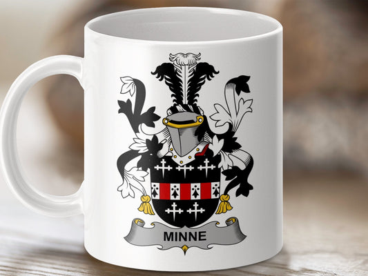 Physical Item 11oz / White Minne Surname Irish Heraldry Coat of Arms Mug