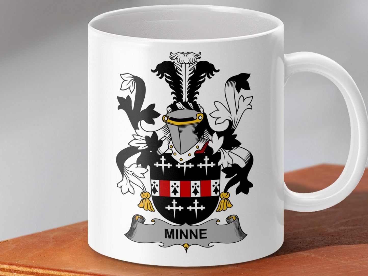 Physical Item 11oz / White Minne Surname Irish Heraldry Coat of Arms Mug