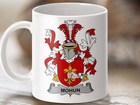 Physical Item 11oz / White Mohun Surname Irish Heraldry Ceramic Mug