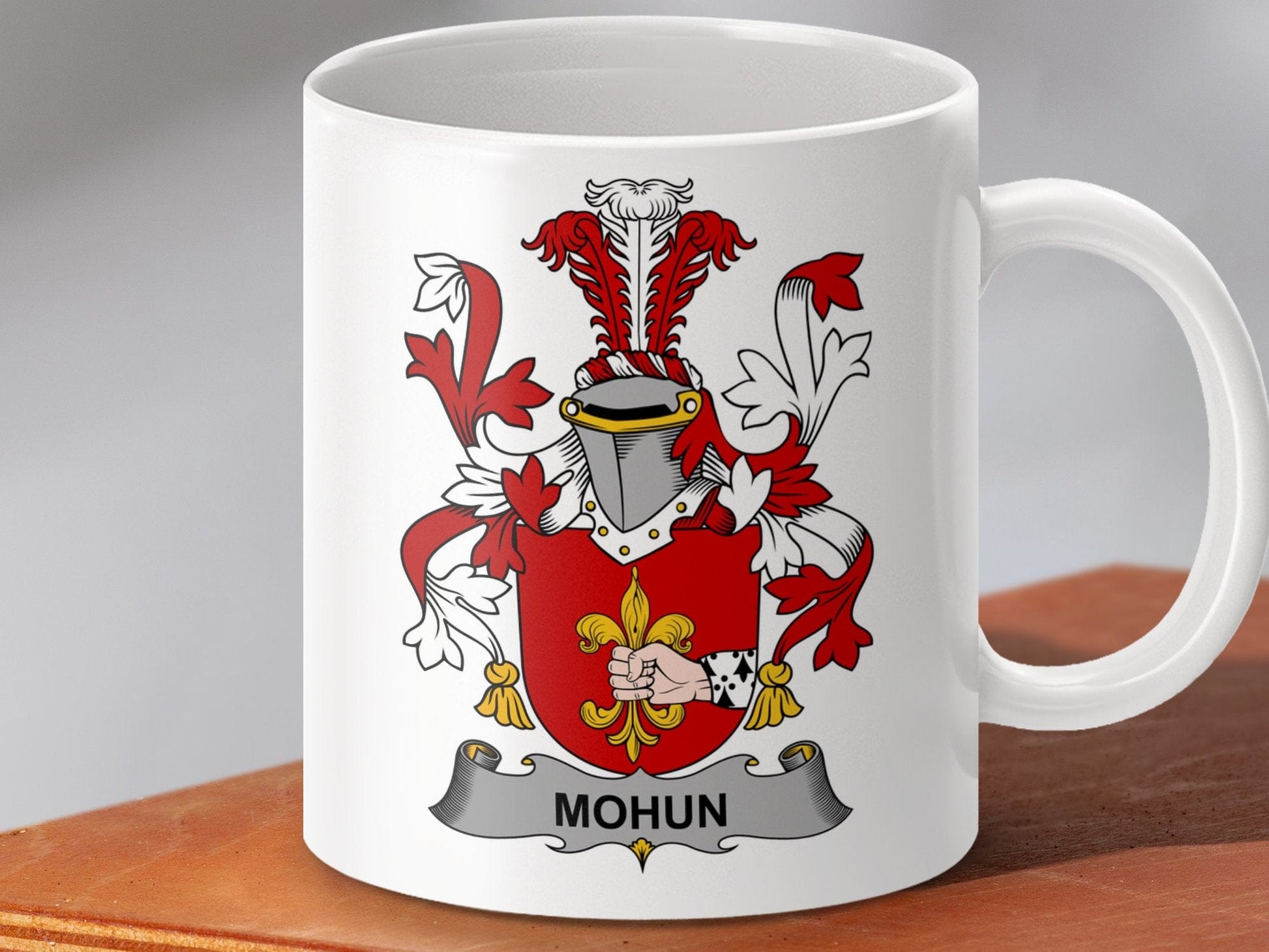 Physical Item 11oz / White Mohun Surname Irish Heraldry Ceramic Mug