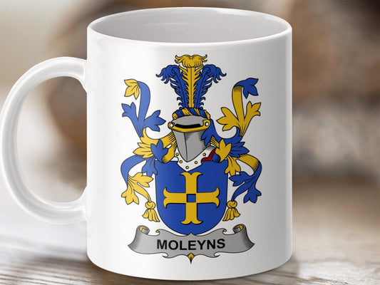 Physical Item 11oz / White Moleyns Surname Irish Heraldry Ceramic Mug