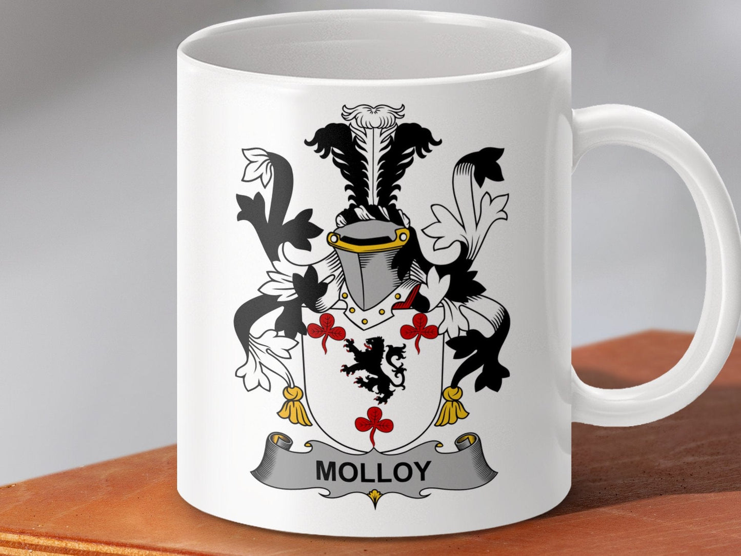 Physical Item 11oz / White Molloy Surname Irish Heraldry Coffee Mug