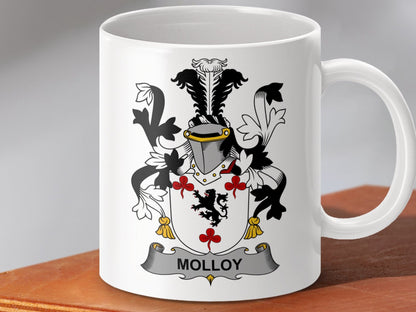 Physical Item 11oz / White Molloy Surname Irish Heraldry Coffee Mug