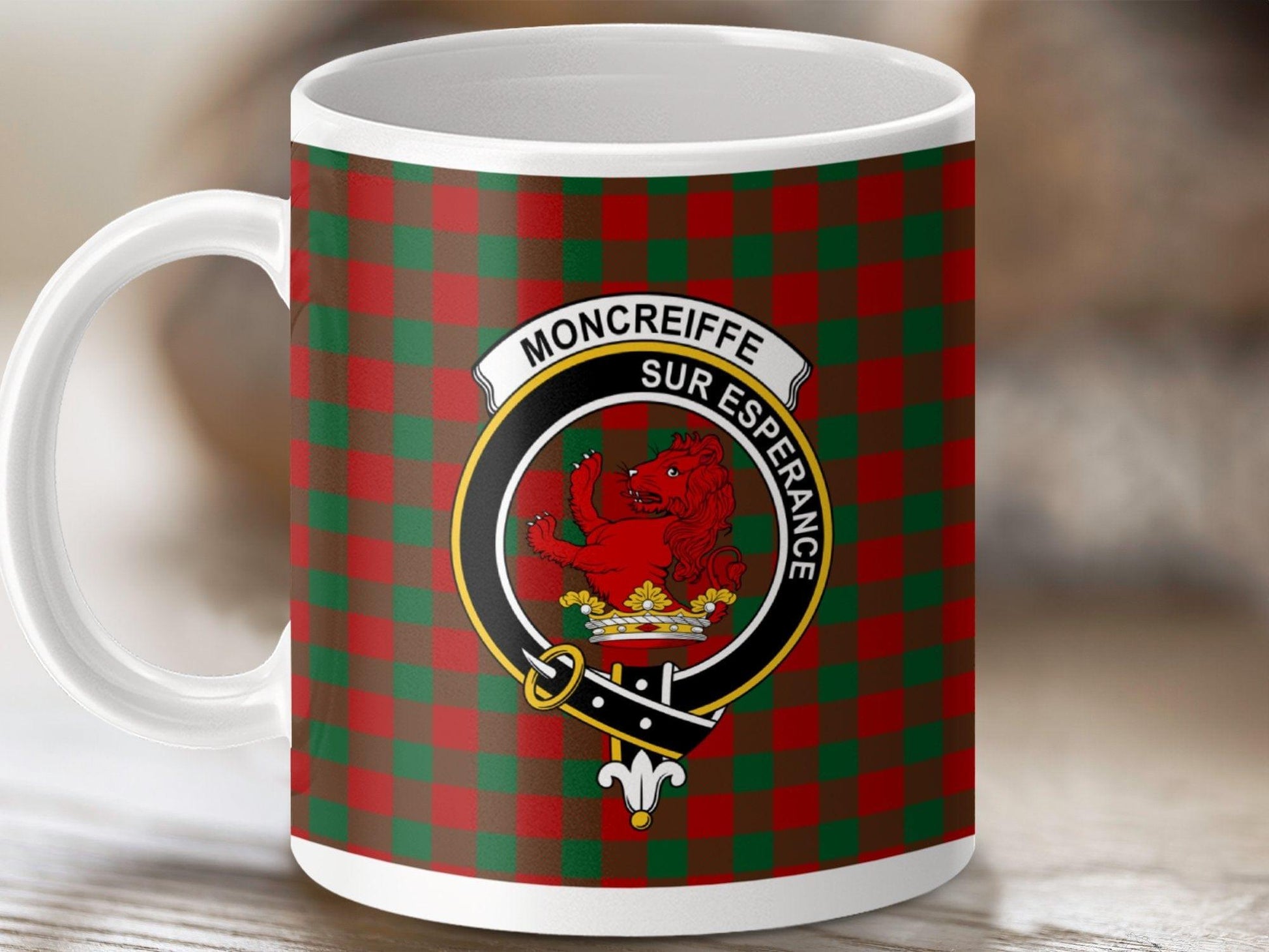Physical Item 11oz / White Moncrieffe Clan Crest Tartan Scottish Mug