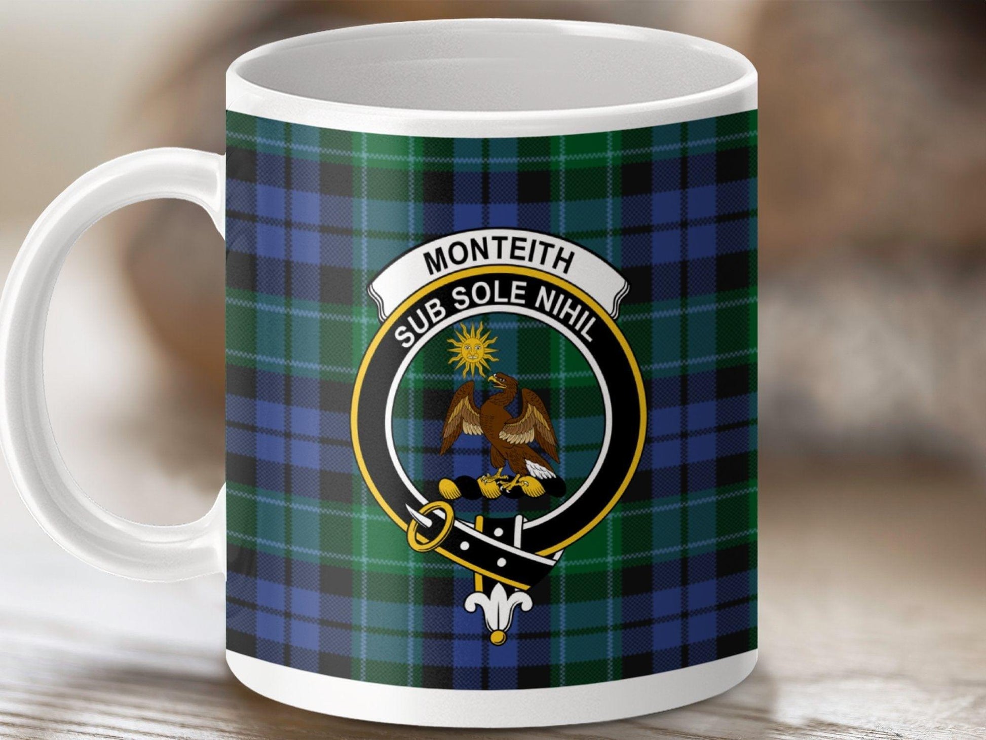 Physical Item 11oz / White Monteith Clan Crest Tartan Scottish Mug