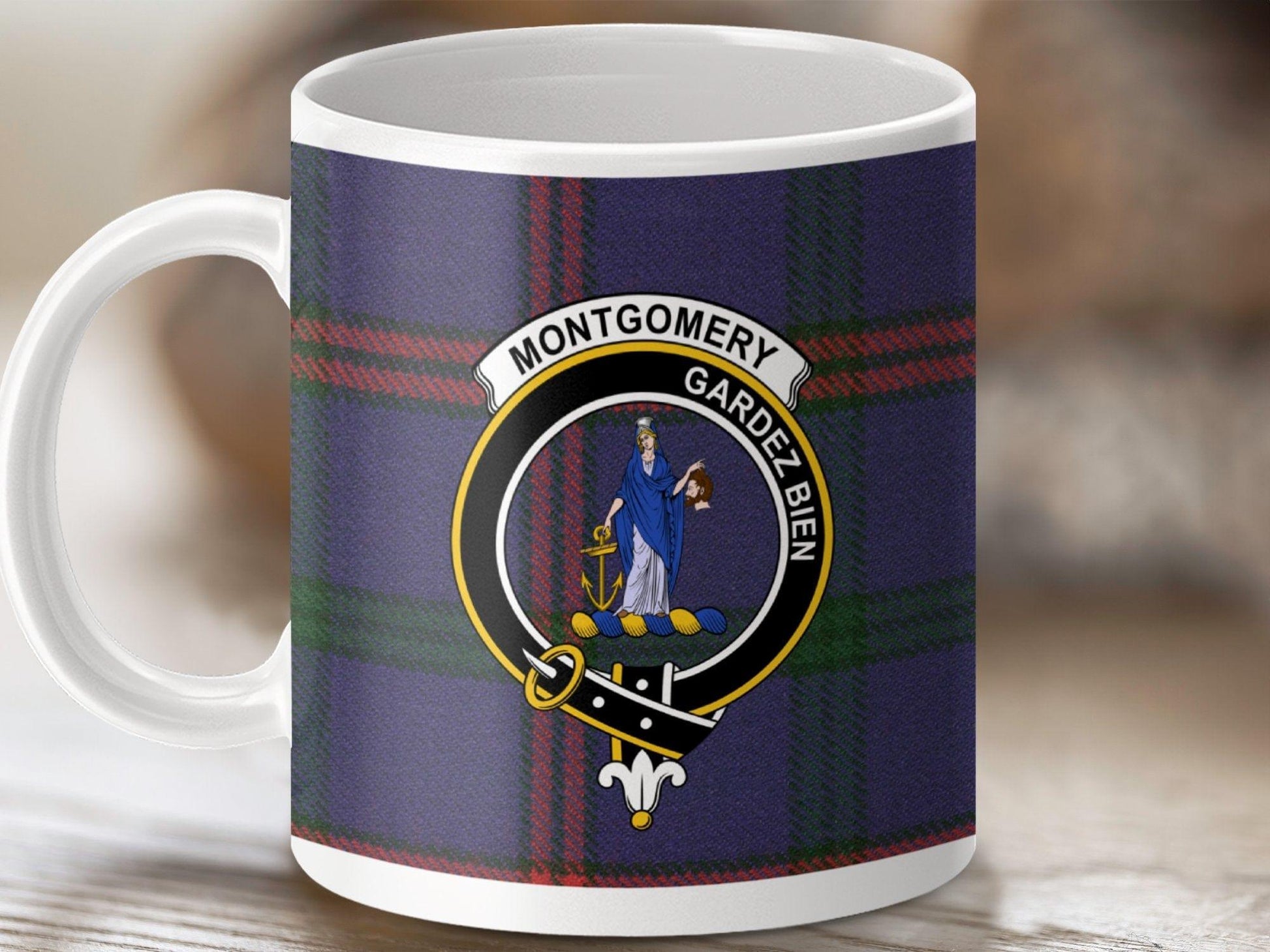 Physical Item 11oz / White Montgomery Clan Crest Tartan Scottish Mug