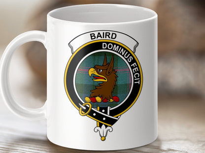 Physical Item 11oz White Mug / White / 11oz Baird Scottish Clan Crest on Tartan Background Mugs