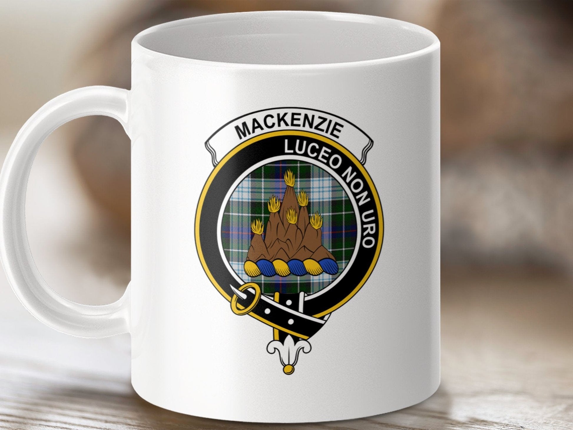 Physical Item 11oz White Mug / White / 11oz Mackenzie Clan Crest Tartan Background Two Sided Mugs