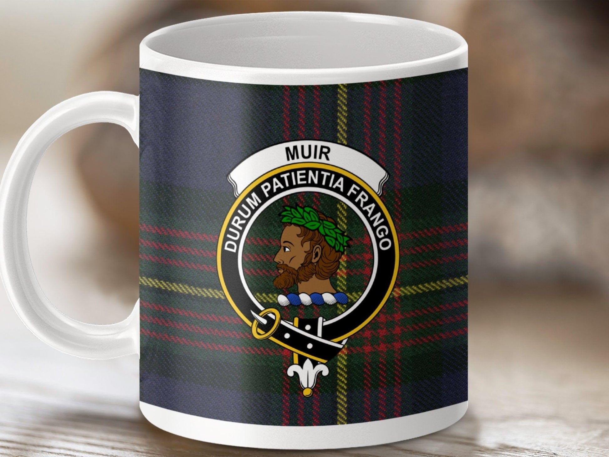 Physical Item 11oz / White Muir Clan Crest Tartan Scottish Mug