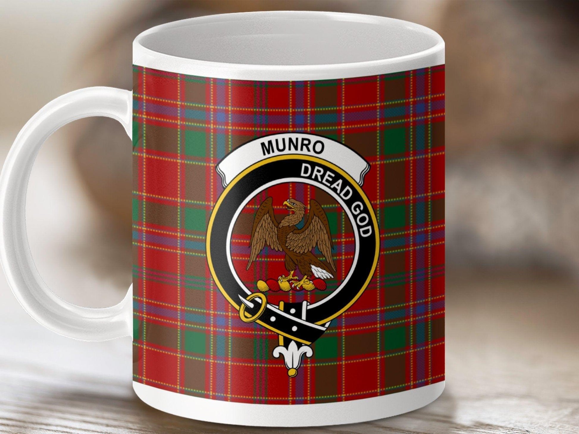 Physical Item 11oz / White Munro Clan Crest Tartan Scottish Mug