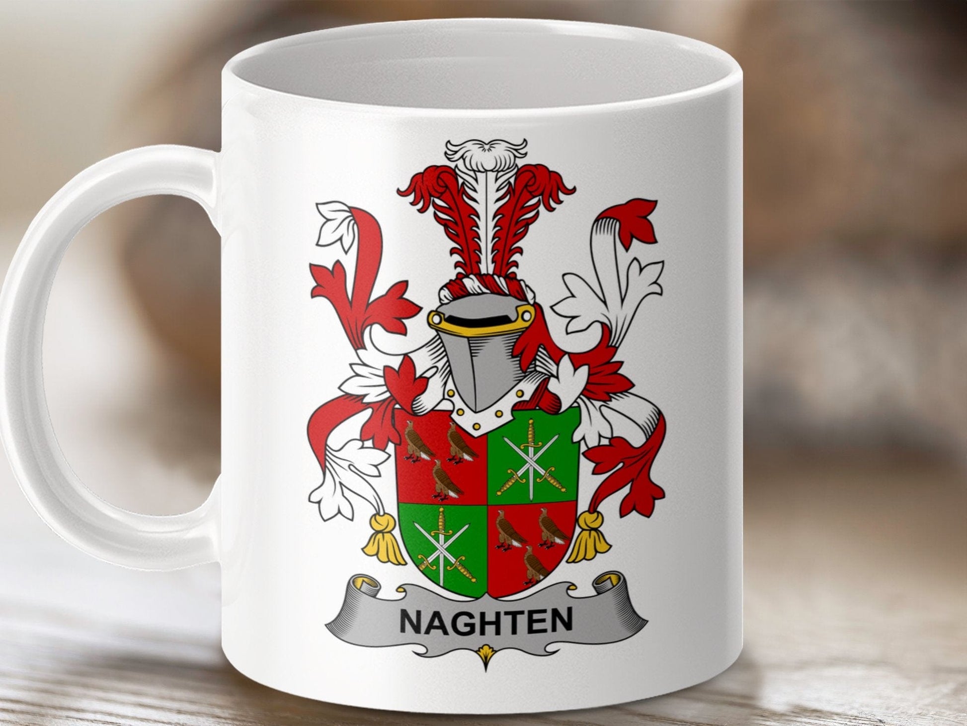 Physical Item 11oz / White Naghten Surname Irish Heraldry Ceramic Coffee Mug