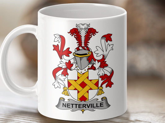 Physical Item 11oz / White Netterville Surname Irish Heraldry Ceramic Mug