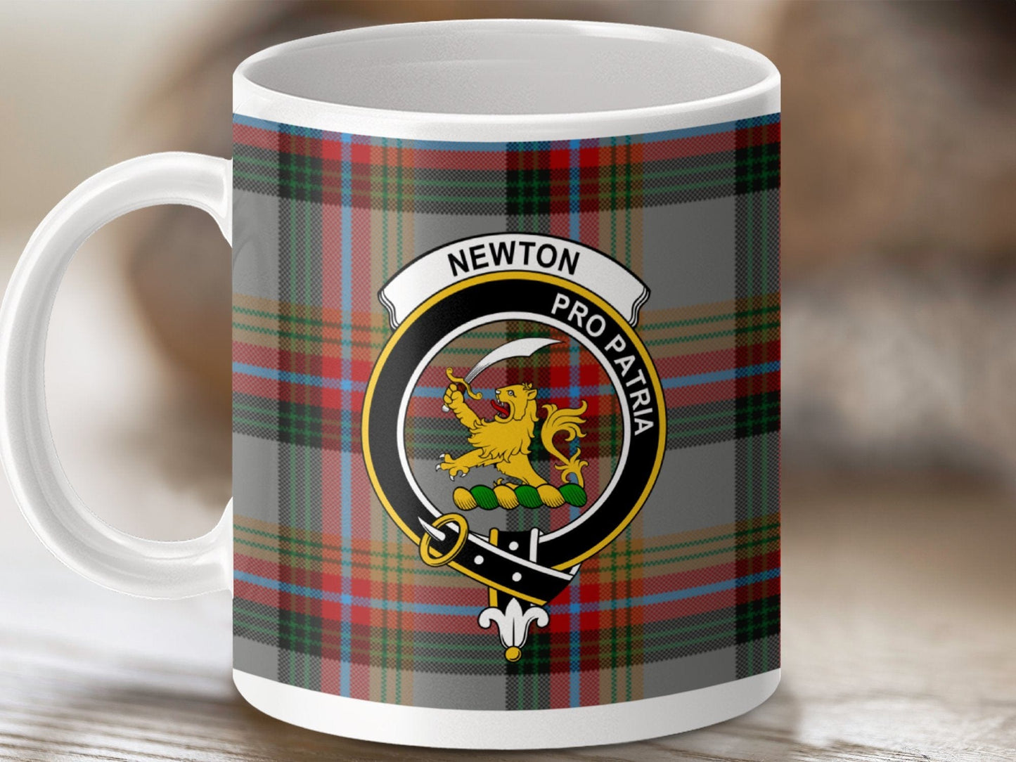 Physical Item 11oz / White Newton Clan Crest Tartan Scottish Mug