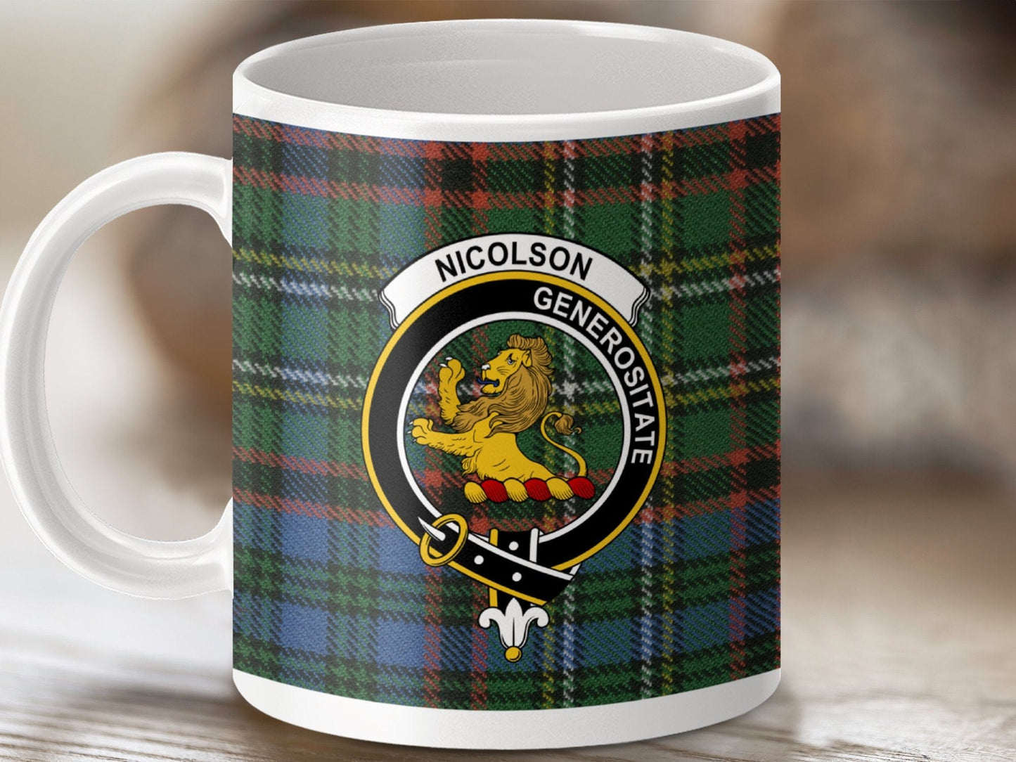 Physical Item 11oz / White Nicolson Clan Crest Tartan Scottish Mug