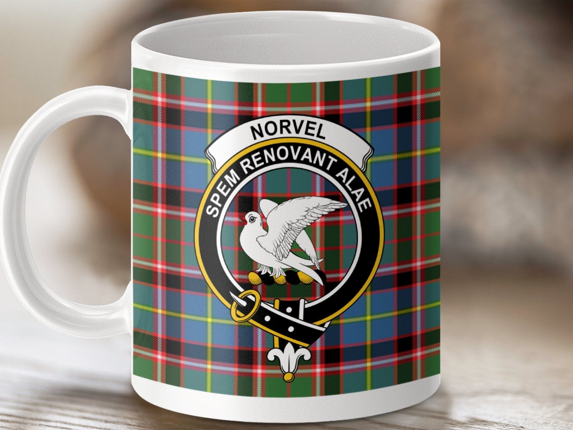 Physical Item 11oz / White Norvel Clan Scottish Tartan Mug