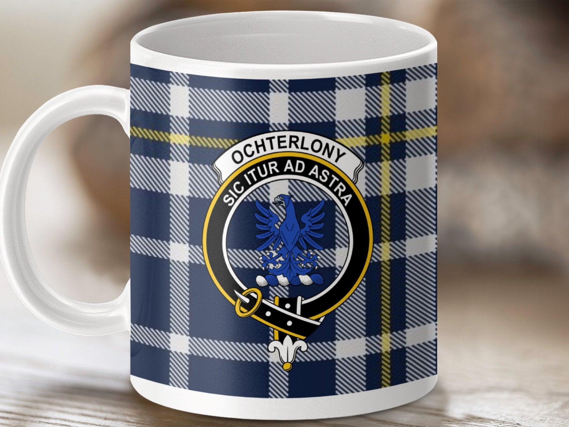 Physical Item 11oz / White Ochterlony Clan Crest Tartan Scottish Mug