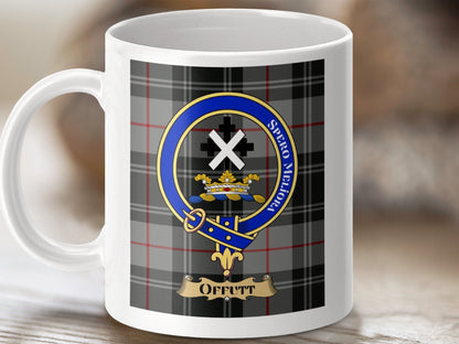 Physical Item 11oz / White Offutt Clan Scottish Tartan Crest Mug