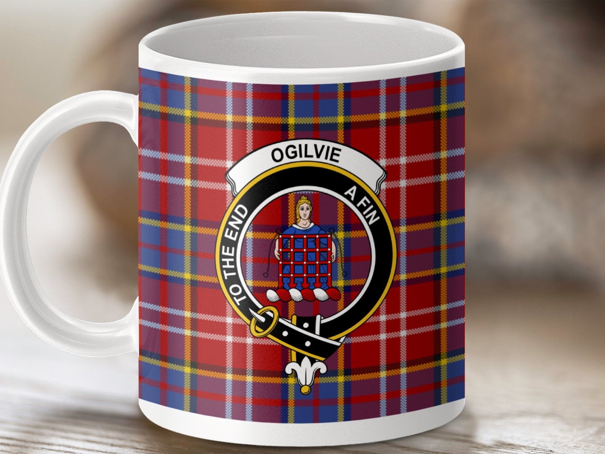 Physical Item 11oz / White Ogilvie Clan Crest Tartan Scottish Mug