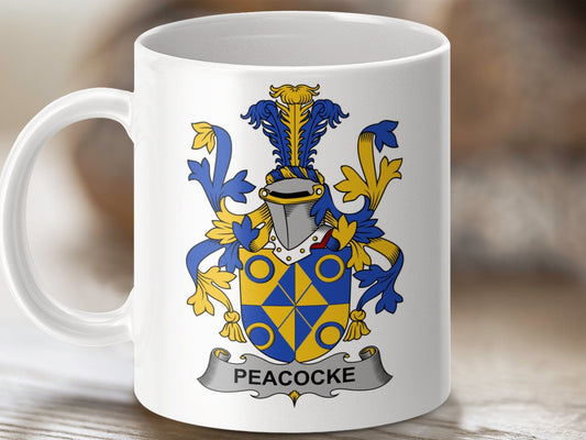 Physical Item 11oz / White Peacocke Surname Irish Heraldry Ceramic Mug