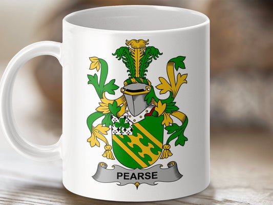 Physical Item 11oz / White Pearse Surname Irish Heraldry Coat of Arms Mug