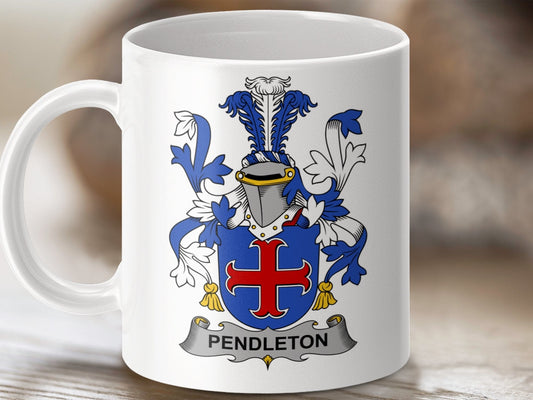 Physical Item 11oz / White Pendleton Surname Irish Heraldry Ceramic Mug