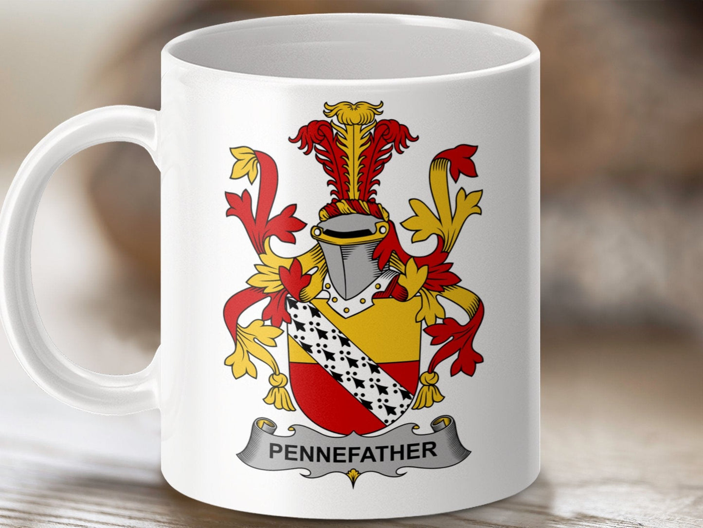 Physical Item 11oz / White Pennefather Surname Irish Heraldry Ceramic Mug