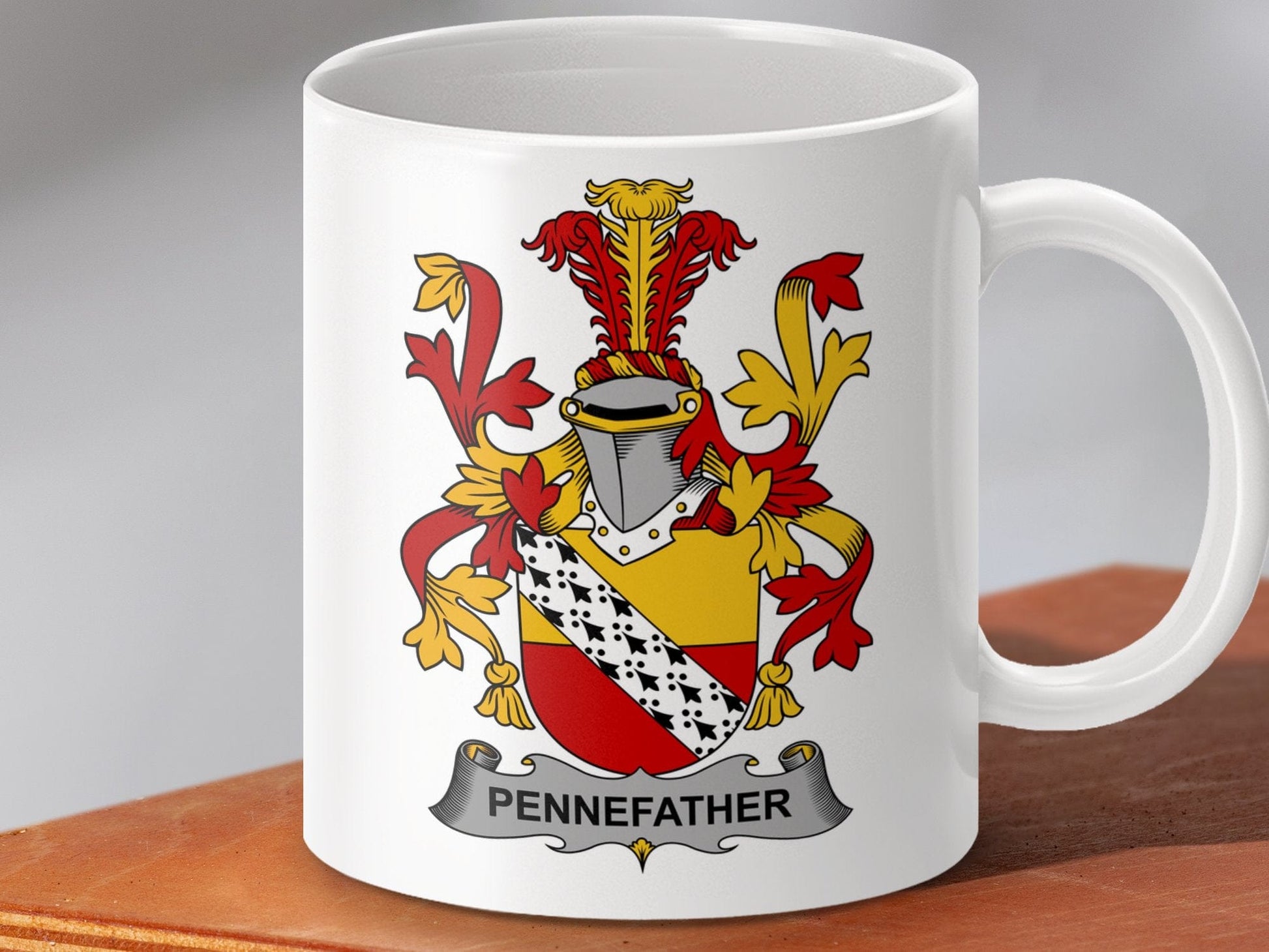 Physical Item 11oz / White Pennefather Surname Irish Heraldry Ceramic Mug