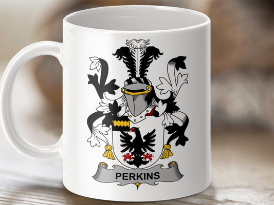 Physical Item 11oz / White Perkins Surname Irish Heraldry Ceramic Mug