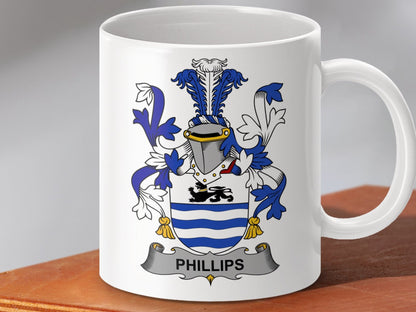 Physical Item 11oz / White Phillips Surname Irish Heraldry Ceramic Mug