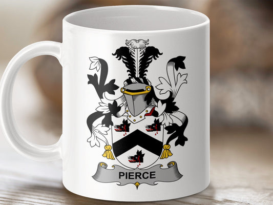 Physical Item 11oz / White Pierce Surname Irish Heraldry Ceramic Mug