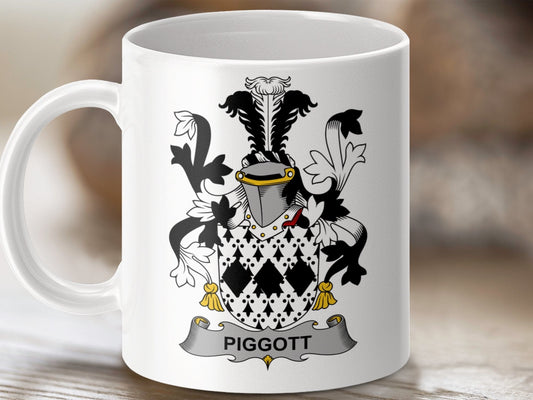 Physical Item 11oz / White Piggott Surname Irish Heraldry Ceramic Mug