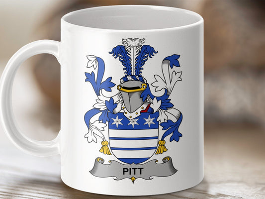 Physical Item 11oz / White Pitt Surname Irish Heraldry Ceramic Mug