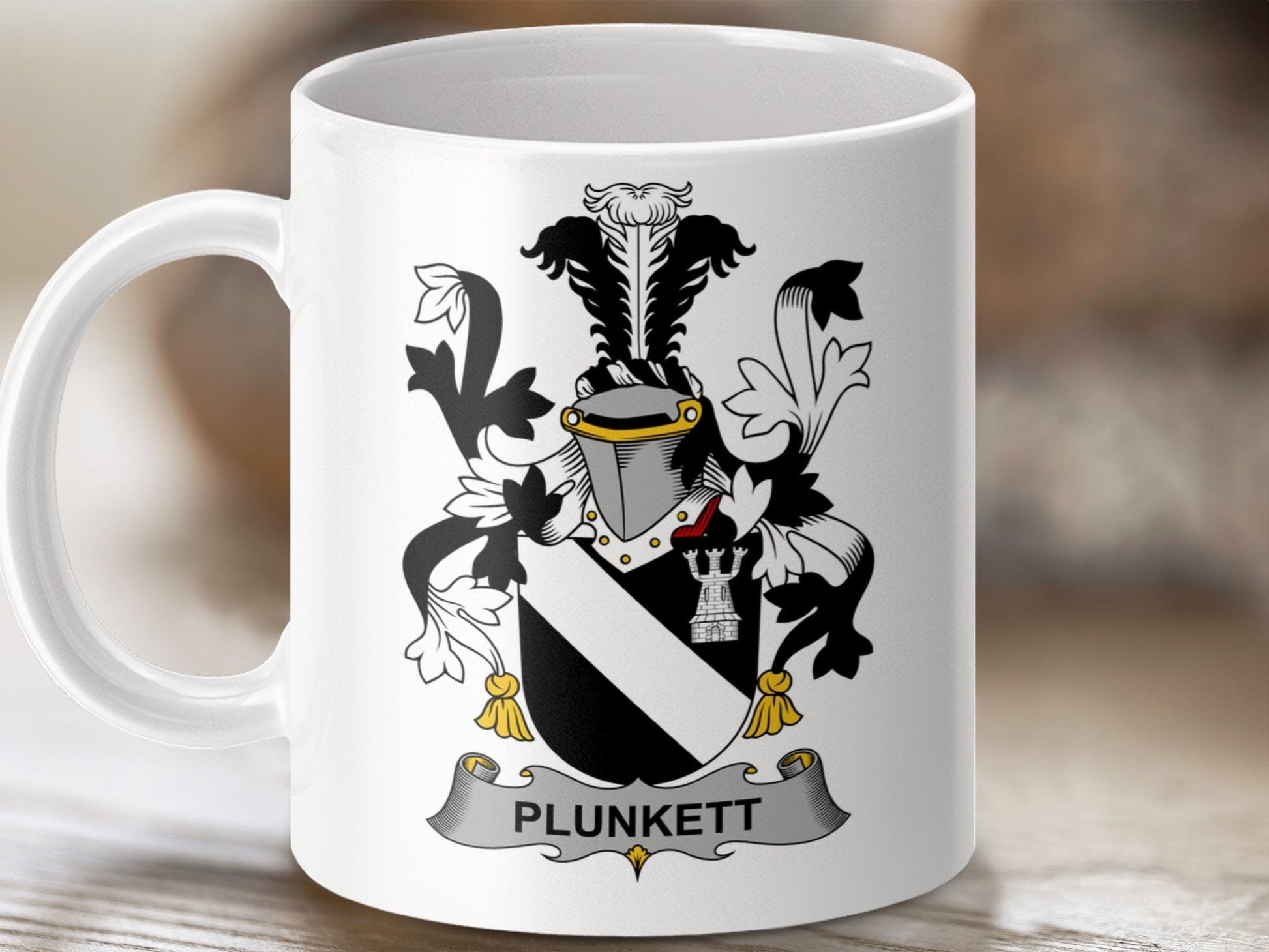 Physical Item 11oz / White Plunkett Surname Irish Heraldry Coat of Arms Mug