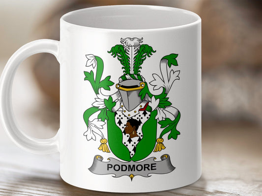 Physical Item 11oz / White Podmore Surname Irish Heraldry Ceramic Mug