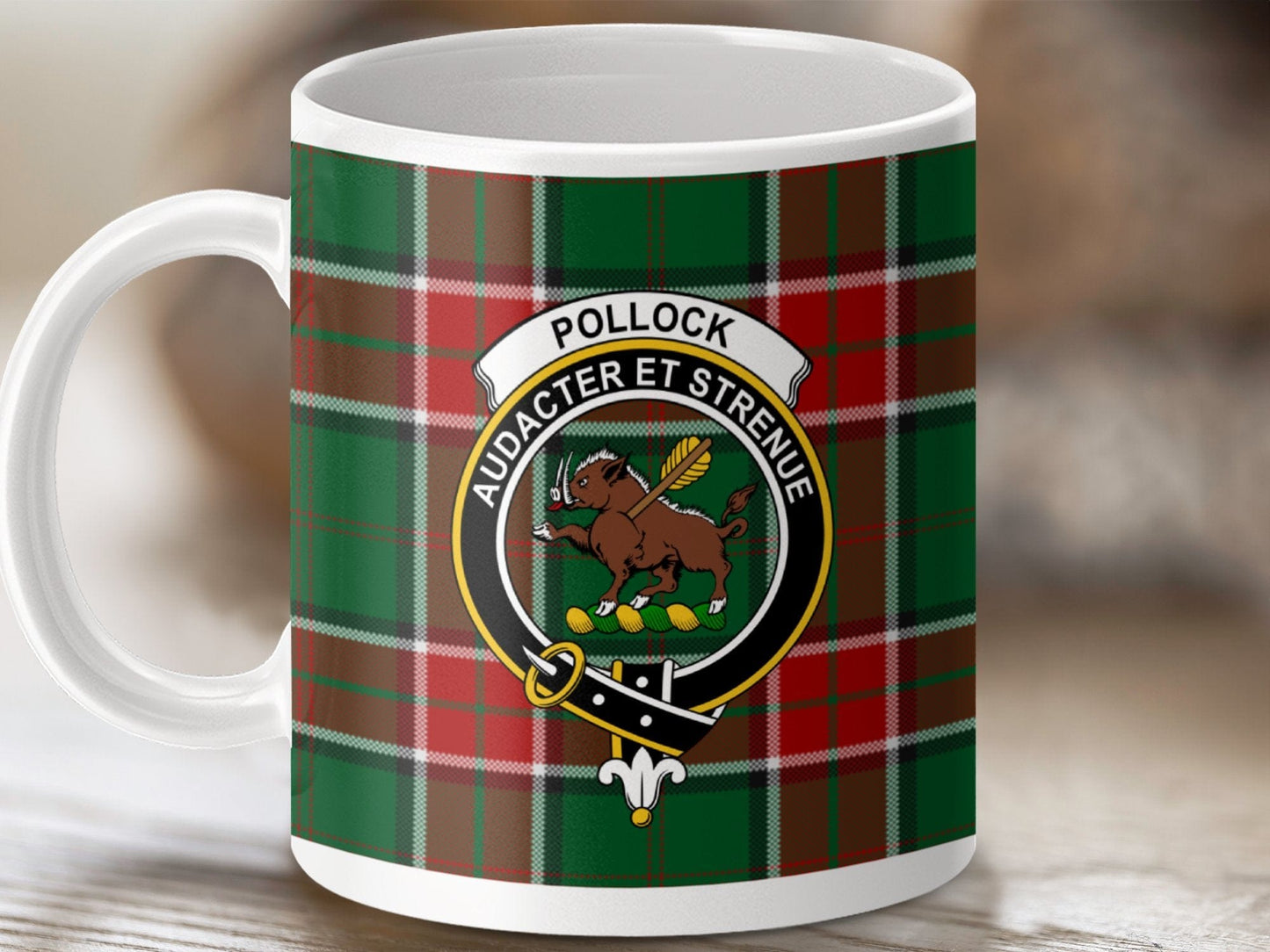 Physical Item 11oz / White Pollock Clan Crest Tartan Scottish Mug