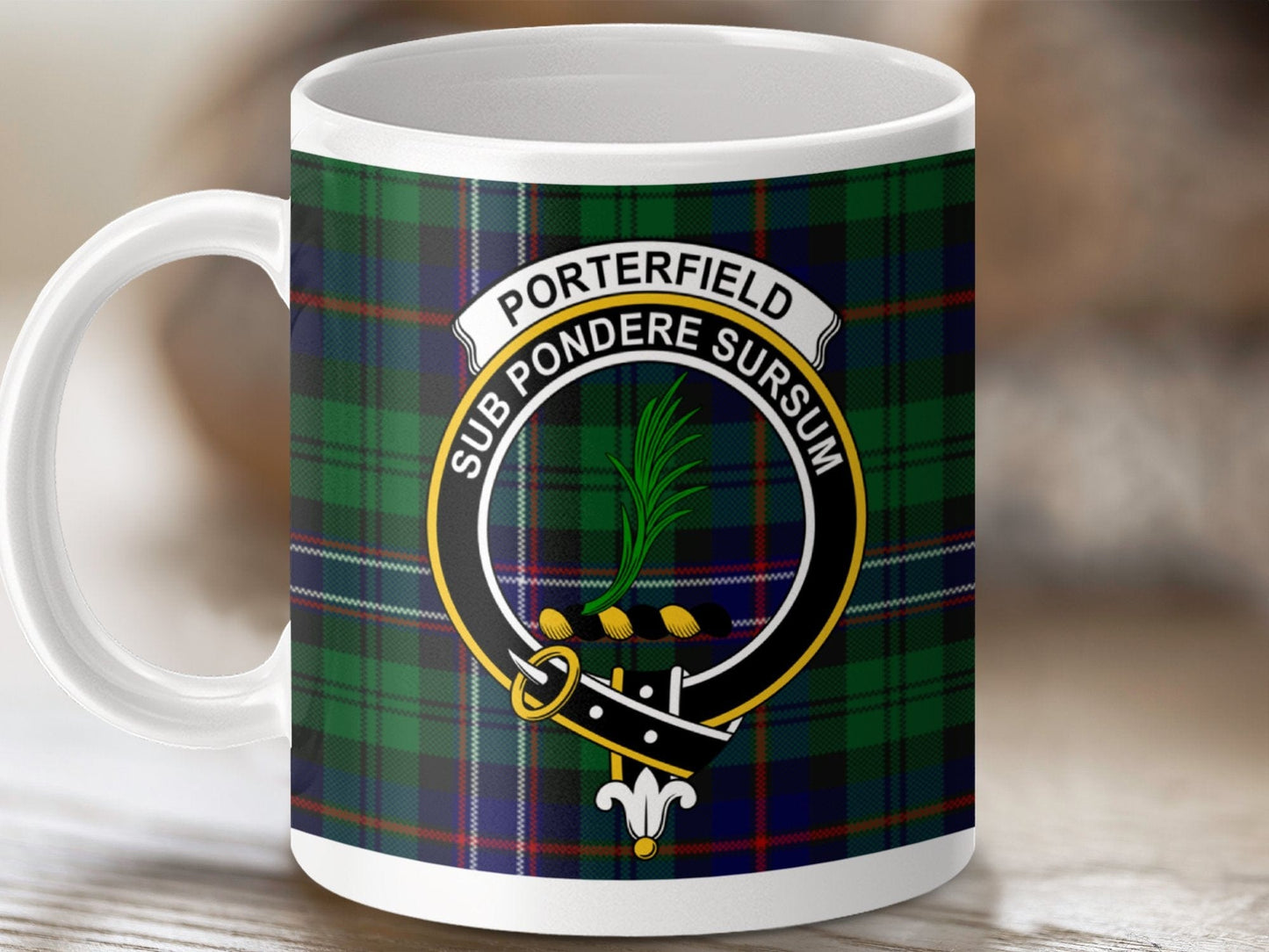 Physical Item 11oz / White Porterfield Clan Crest Tartan Scottish Mug