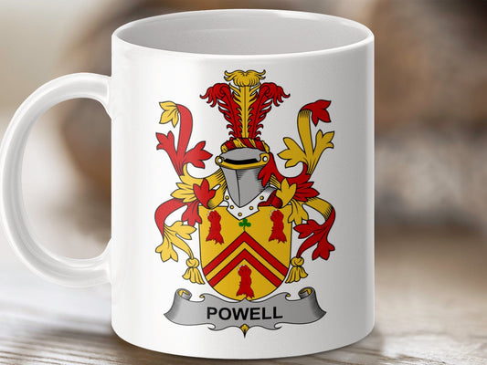 Physical Item 11oz / White Powell Surname Irish Heraldry Ceramic Mug