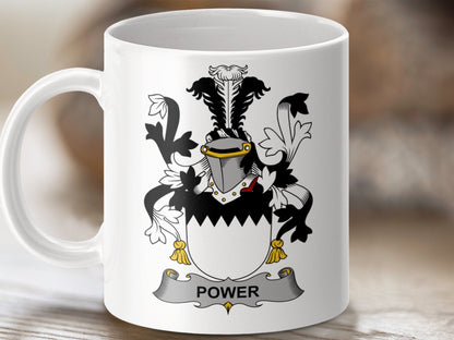 Physical Item 11oz / White Power Surname Irish Heraldry Coat of Arms Mug