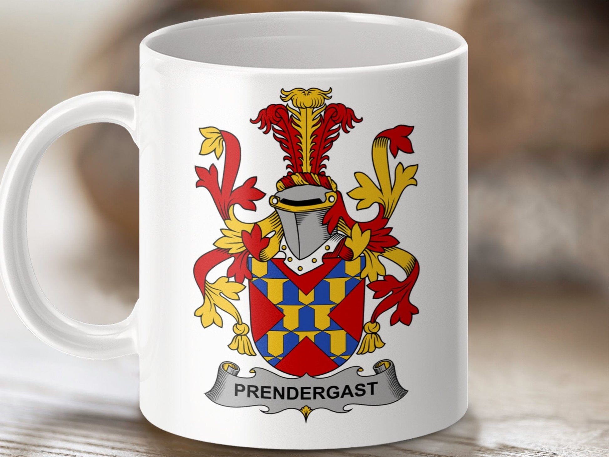 Physical Item 11oz / White Prendergast Surname Irish Heraldry Ceramic Mug