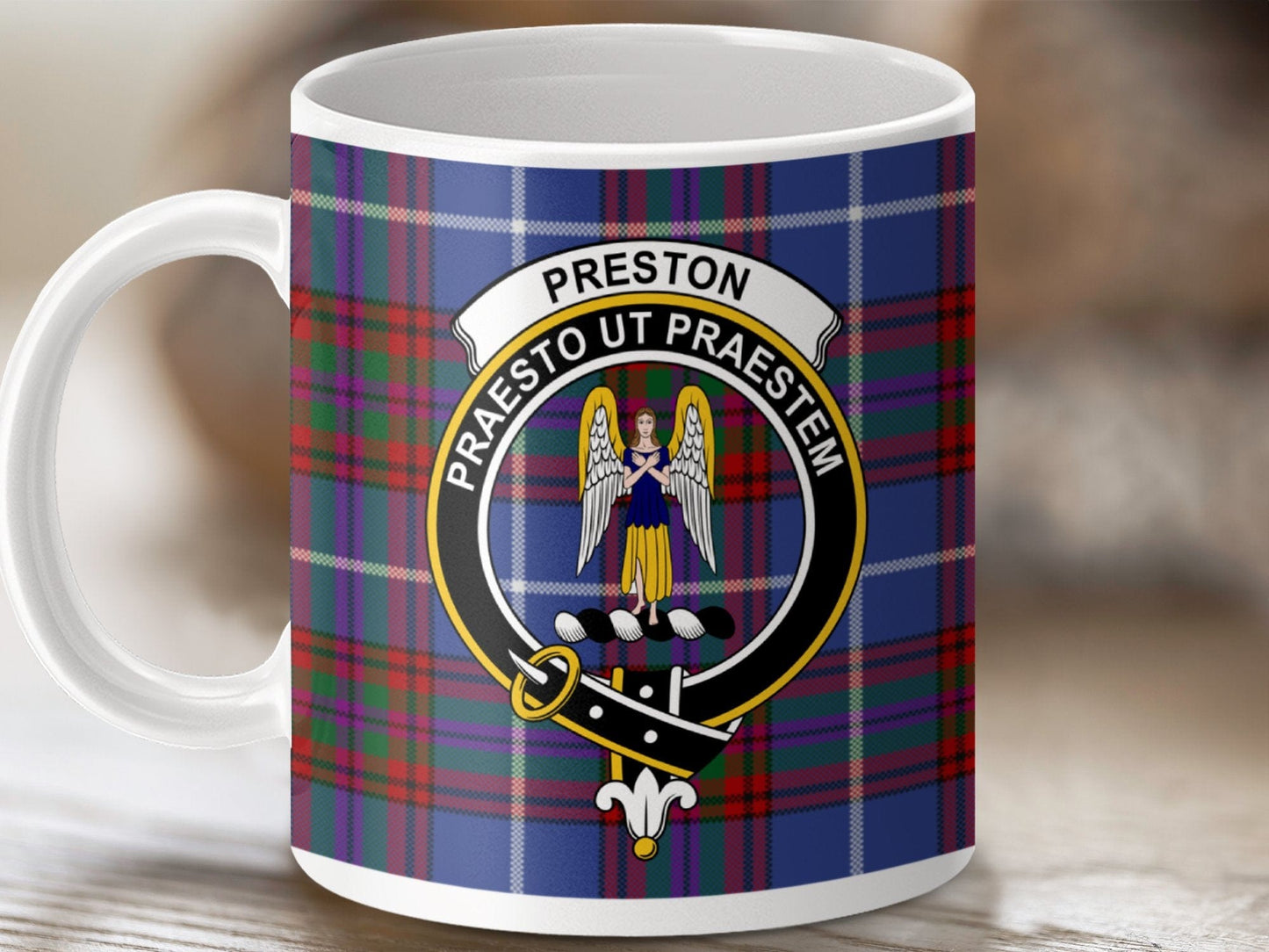 Physical Item 11oz / White Preston Clan Crest Tartan Scottish Mug