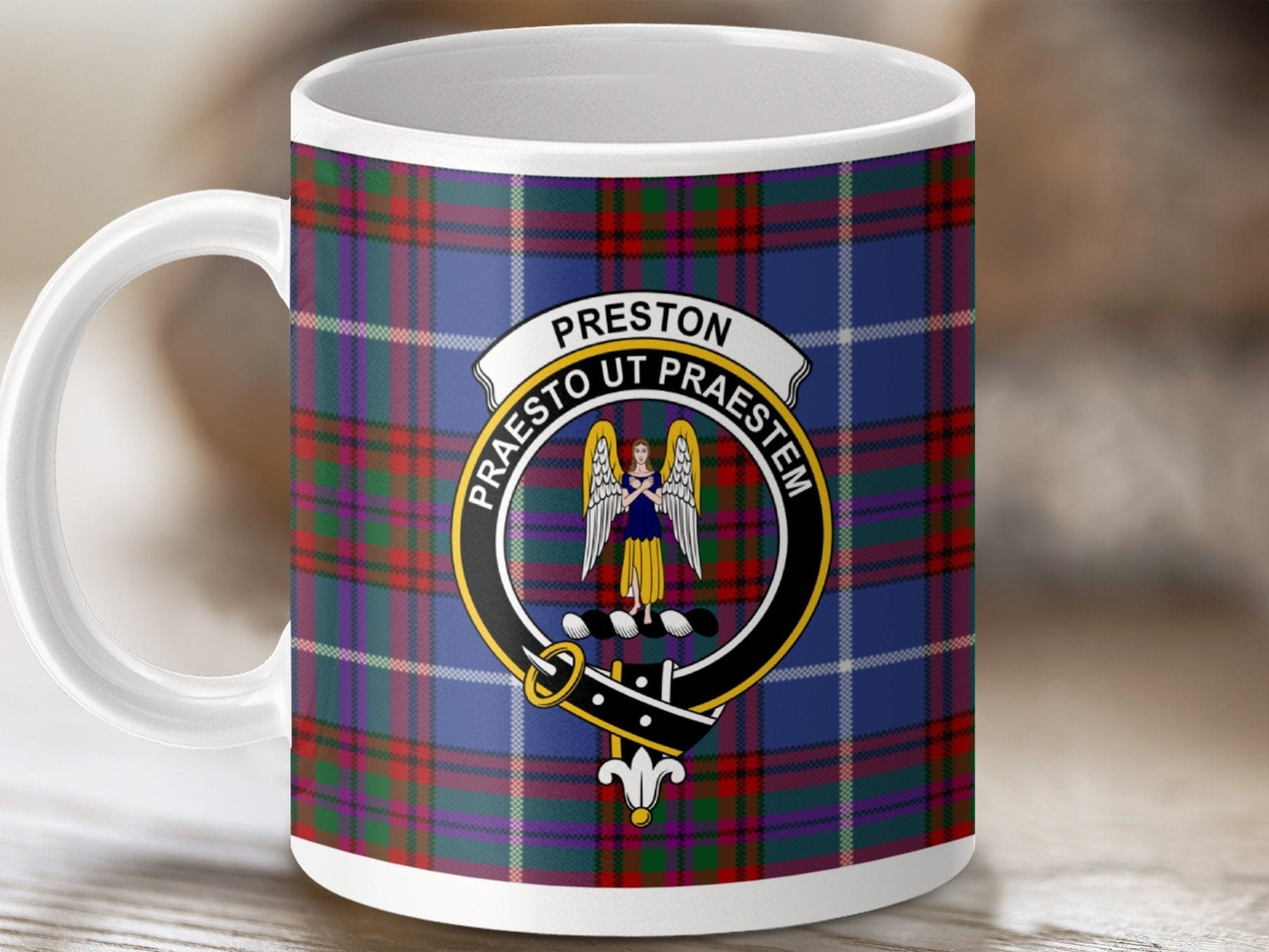 Physical Item 11oz / White Preston Clan Crest Tartan Scottish mug