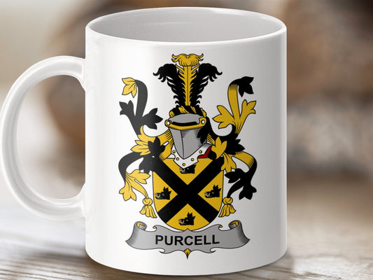 Physical Item 11oz / White Purcell Surname Irish Heraldry Coat of Arms Mug