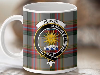 Physical Item 11oz / White Purves Clan Crest Tartan Scottish Mug