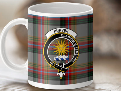 Physical Item 11oz / White Purves Clan Crest Tartan Scottish Mug