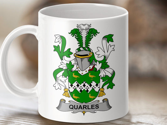 Physical Item 11oz / White Quarles Surname Irish Heraldry Ceramic Mug