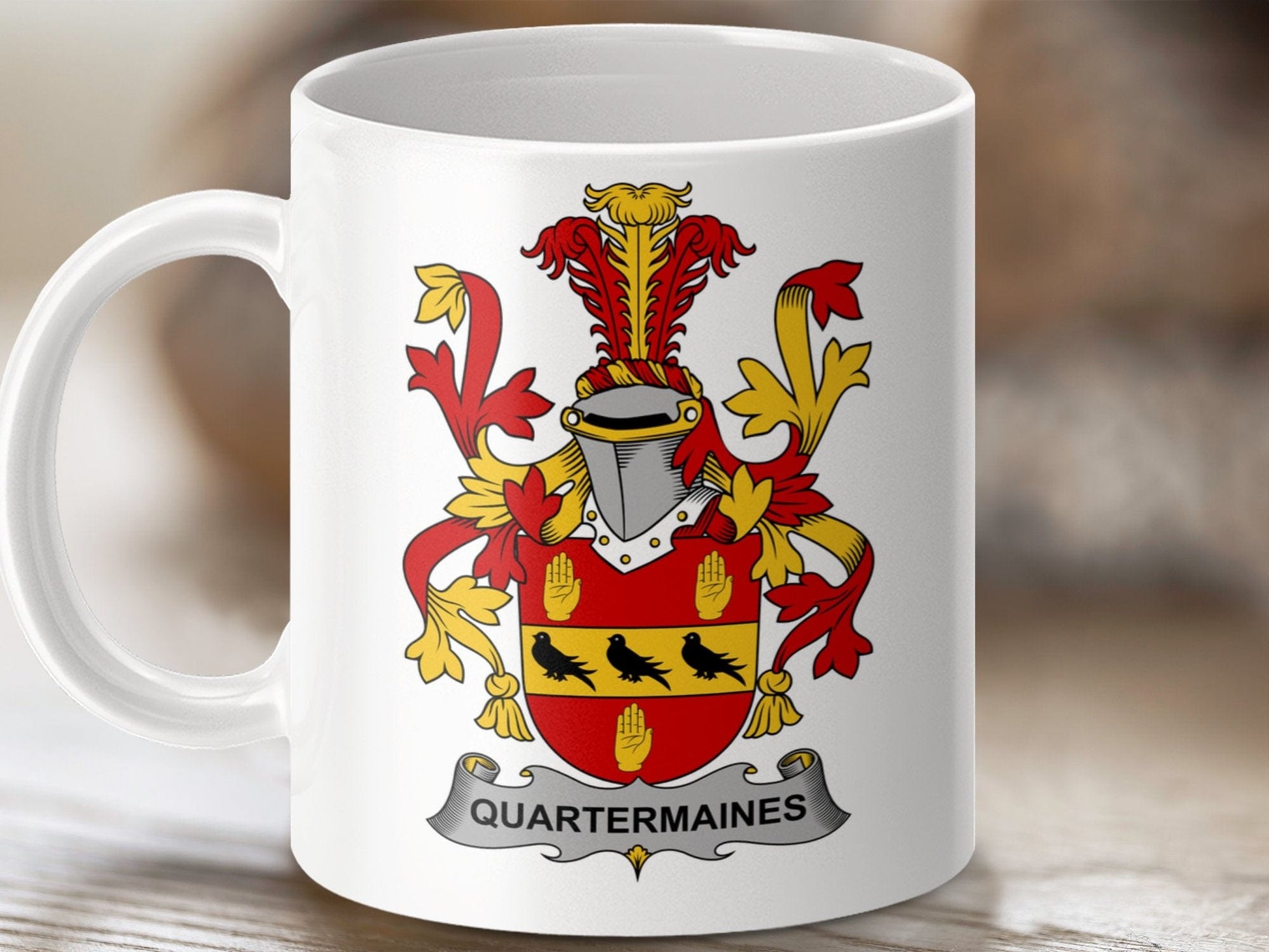 Physical Item 11oz / White Quartermaines Surname Irish Heraldry Ceramic Mug