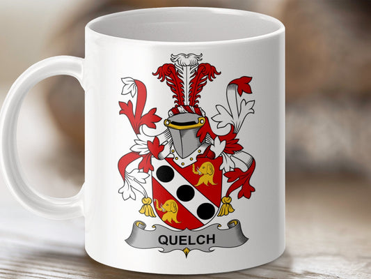 Physical Item 11oz / White Quelch Surname Irish Heraldry Ceramic Mug