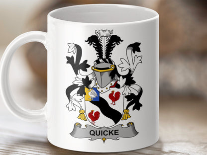 Physical Item 11oz / White Quicke Surname Irish Heraldry Ceramic Mug