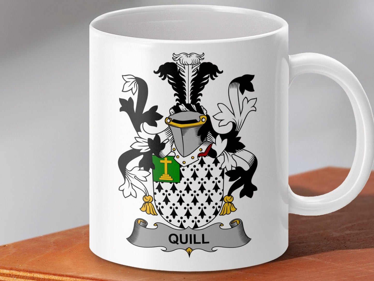 Physical Item 11oz / White Quill Surname Irish Heraldry Ceramic Mug