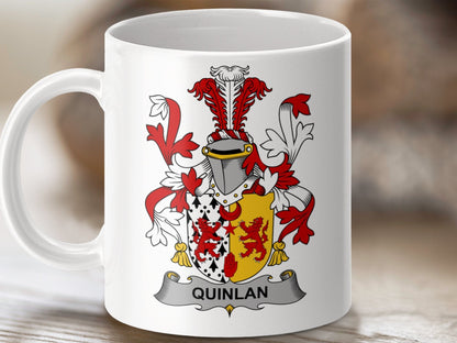 Physical Item 11oz / White Quinlan Irish Surname Coat of Arms Crest Heraldry mug